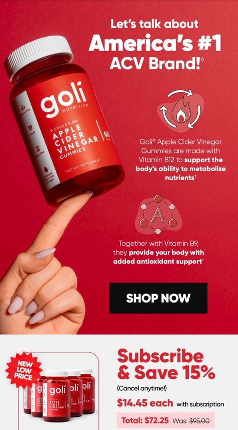 Goli ACV Gummies: A Delicious Way to Get Your Daily Dose of B Vitamins Supplement Ads, Goli Apple Cider Vinegar, Vitamins For Heart Health, Focus Supplements, Apple Cider Vinegar Gummies, Acv Gummies, Vitamin B9, Good Advertisements, Email Marketing Design