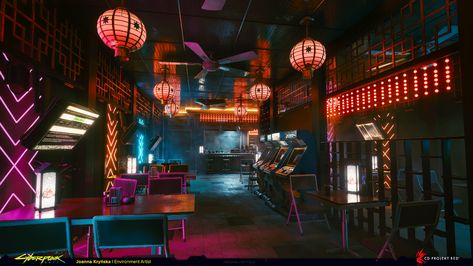 Korean Cyberpunk, Cyberpunk Restaurant, Futuristic Restaurant, Cyberpunk Interior, Cyberpunk Room, Gallery Restaurant, Cyberpunk Design, Nightclub Design, Chinese Aesthetic