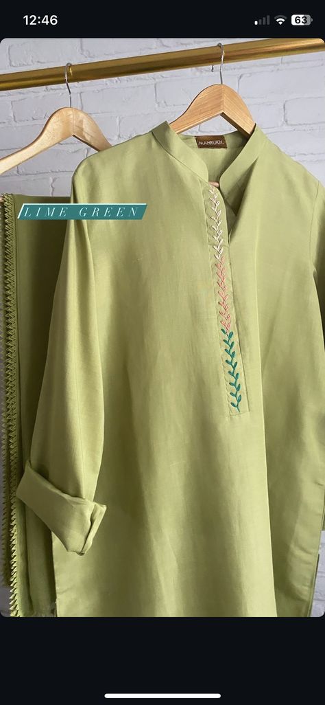 Embroidery Frock Design, Pakistani Tunics Design, Minimal Embroidery Design Kurta, Linen Embroidery Kurta, Embroidery Shirt Designs Pakistani, Transitional Green Kurta With Resham Embroidery, Placement Embroidery Kurti, Khadi Embroidered Kurti, Flat Lay Photography Fashion