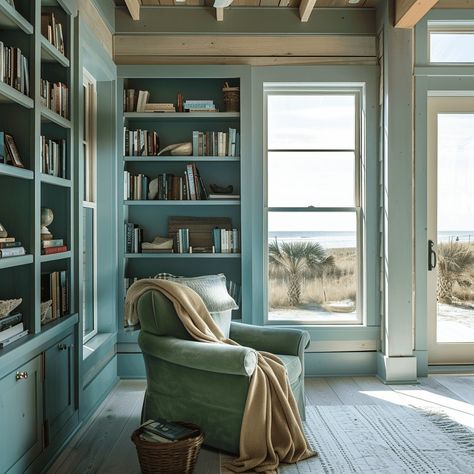 Pale Turquoise Coastal Reading Nook [Room Inspiration] Reading Nook Room, Luxurious Library, Coastal Color Scheme, Coastal Theme, Green Armchair, Pale Turquoise, Wallpaper Walls Decor, Tile Wallpaper, Living Room Windows