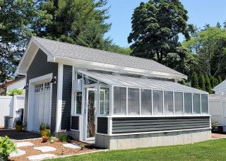 Garage And Greenhouse Combo, Detached Garage With Greenhouse, Colorado Gardens, Greenhouse Attached To House, Garage Greenhouse, Greenhouse Addition, Attached Greenhouse, Cabin Landscaping, Greenhouse Pictures