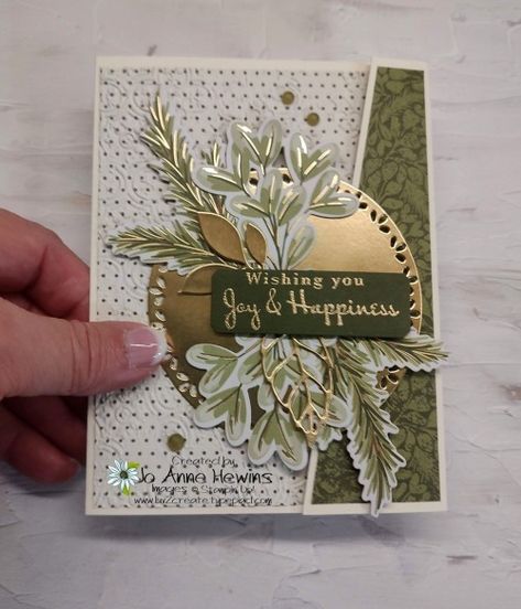 Golden Greenery Bundle  Season of Green & Gold Specialty DSP  Sentimental Wishes  Metallics Wow! Embossing Powders  Spotlight on Nature dies  Faux Glass Dots  Front  Jo Anne Hewins  Luv 2 Create Christmas Fonts Free, Stamped Christmas Cards, Fun Folds, Christmas Paper Crafts, Stampin Up Christmas Cards, Christmas Fonts, Christmas Card Crafts, Card Crafts, Stampin Up Christmas