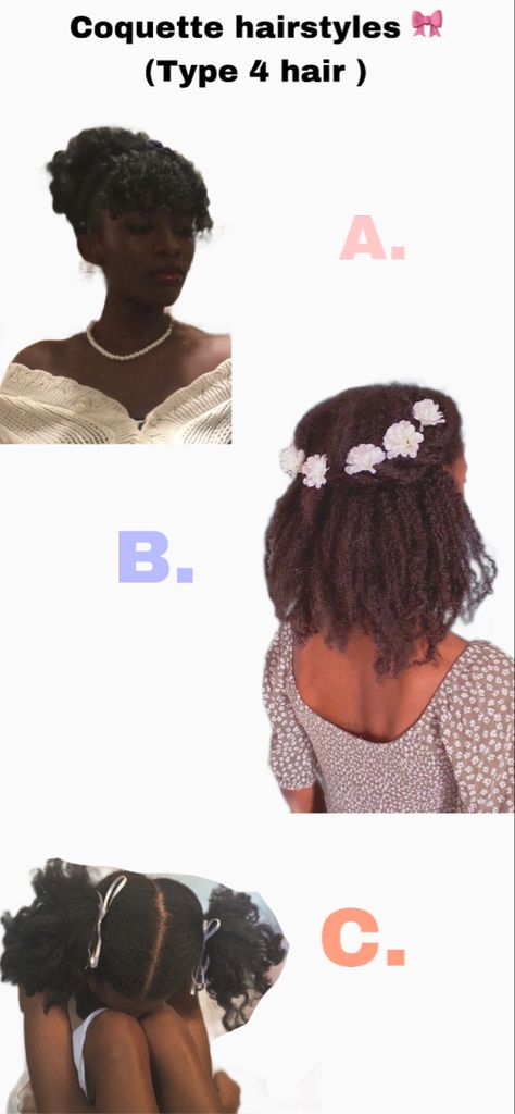 Croquette Hair Styles Curly, Black Cottagecore Hairstyles, Coquette Black Hairstyles, Coquette Natural Hair, Coquette Hairstyles Black Hair, Coquette 4c Hairstyles, Coquette Natural Hairstyles, Black Princess Hairstyles, Coquette Hairstyles Black Women