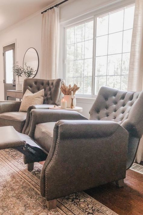 Get the ultimate relaxation without breaking the bank! 💺✨ Our blog post rounds up the 6 best recliners under $100, combining comfort, style, and affordability. Perfect for small spaces and tight budgets, these chairs are a steal. Visit our blog to find your perfect recliner match and enjoy comfort on a dime. #GoTinySpace #Recliners #ReclinersUnder100 #ReclinerChair #BudgetFriendlyDecor Sofa And Recliner Chair Layout Living Rooms, Living Room Furniture Couch And Chairs, Recliner And Sofa Layout, Farmhouse Living Room Recliner, Farmhouse Living Room With Recliner, Living Room Furniture Arrangement Ideas With Two Recliners, Reclining Accent Chairs For Living Room, Recliner That Doesnt Look Like One, Double Recliners In Living Room