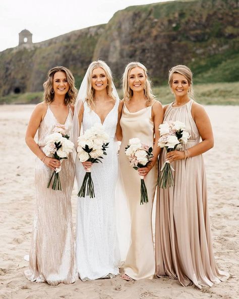 ✨🤍 A perfect palette for all seasons and all styles of wedding, it's easy to see why neutral bridesmaids dresses are a firm favourite for many bridal parties again for 2024/2025 and beyond. From Champagne, beige, nude and oyster, to tan and taupe shades, neutrals offer an elegant, timeless palette for every style of wedding from an elegant black-tie bash to a boho celebration. ✨ Love this look? See over 45 inspiring bridal parties in our feature on neutral bridesmaids dresses right here: ht... Beige Bridesmaid Dress Champagne, Bridesmaid Dress Champagne, Fresh Wedding Bouquets, Mix And Match Bridesmaid Dresses, Beige Bridesmaid Dress, Beige Bridesmaids, Back Garden Wedding, Mix Match Bridesmaids, Neutral Bridesmaid Dresses