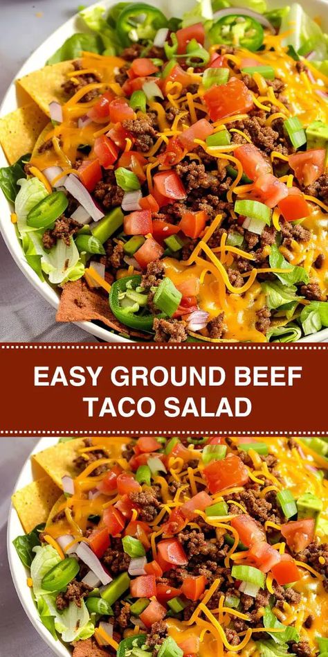 Looking for a quick and delicious dinner idea? Try this Easy Ground Beef Taco Salad! Made with seasoned ground beef, crunchy lettuce, shredded cheddar cheese, and tangy Catalina dressing, this salad is perfect for busy weeknights. It's a flavorful, healthy, and satisfying meal that comes together in just minutes. Ideal for family dinners, meal prep, or a simple lunch option. Ground Beef Taco Salad Recipes, Taco Salad Bowls Ground Beef, Taco Salad Ground Beef, Ground Beef Salad, Taco Salad Meal Prep, Beef Taco Salad Recipe, Beef Taco Salad, Cabbage Tacos, Taco Salad Recipe Healthy