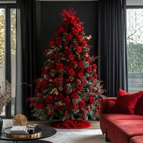 Nordic Christmas meets elegance with red roses, velvet ribbons, and gold baubles. Perfect for light wood and white interiors, blending sophistication and warmth. Red And Ivory Christmas Tree, Red Roses Christmas Decor, Christmas Tree With Red Roses, All Red Christmas Tree Decorations, Roses On Christmas Tree, Red Rose Christmas Tree, Christmas Tree With Roses, Velvet Ribbon Tree, Christmas Trees With Ribbon