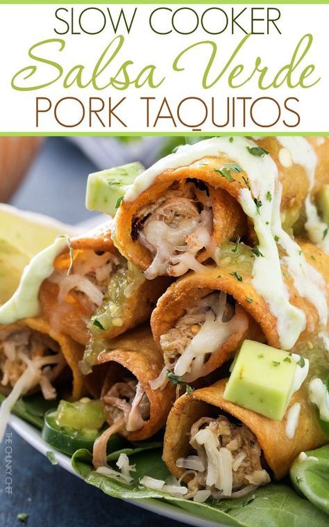 Pork Flautas, Salsa Verde Pork, Mexican Taquitos, Pork Taquitos, Homemade Taquitos, Homemade Salsa Verde, Slow Cooker Salsa, Tacos And Burritos, Crockpot Pork