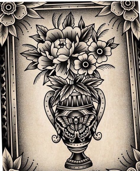 Traditional Flower Vase Tattoo Black, American Traditional Vase With Flowers Tattoo, Traditional Plant Pot Tattoo, Traditional Style Tattoo For Women Black And White, Old School Frame Tattoo, Traditional Vase Tattoo Design, Trad Vase Tattoo, Traditional Flower Pot Tattoo, Black And Grey Traditional Tattoo Flash