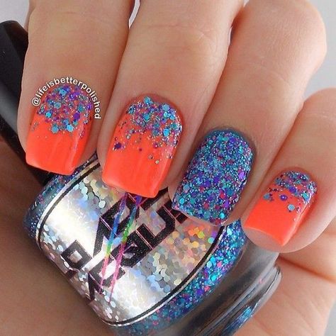 Nails Orange, Blue Glitter Nails, Silver Glitter Nails, Ombré Nails, Gold Glitter Nails, Moon Nails, Orange Neon, Nail Colours, Blue Nail