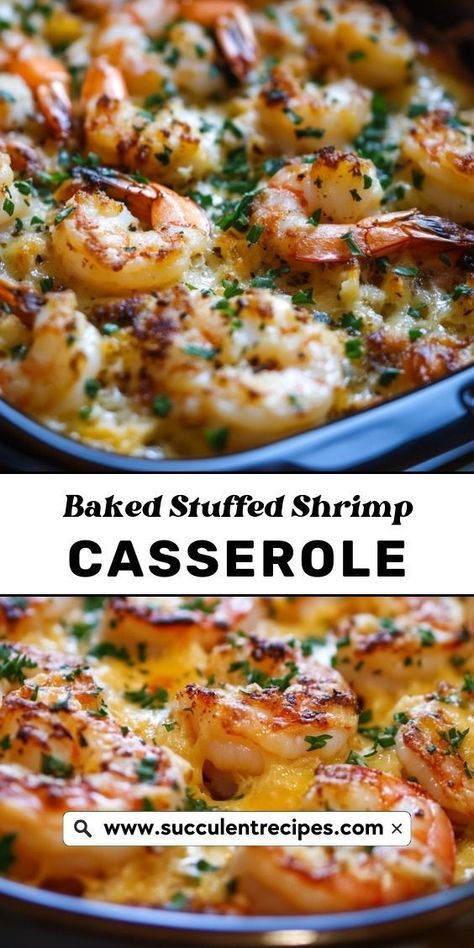 Enjoy a seafood classic with this Baked Stuffed Shrimp Casserole recipe! Juicy shrimp, seasoned stuffing, and a rich buttery topping come together in a delicious, comforting casserole. Baked Shrimp Appetizers, Fish Casserole Recipes Main Courses, Seafood Dishes For Thanksgiving, Shrimp Stuffing Recipes, Baked Stuffed Shrimp Casserole, Shrimp Baked In Oven, Shrimp Dressing Recipe, Stuffed Shrimp Casserole, Christmas Shrimp