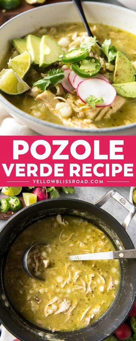 Hearty and comforting, this spicy Pozole Verde is made with slow cooked shredded chicken, hominy, and a spicy tomatillo and pepper blend! #chicken #pozole #mexicanfood #comfortfood via @yellowblissroad Posole Verde Chicken Recipe, Tomatillo Chicken Soup, Posole Recipe Chicken Verde, Instapot Pozole Verde, Authentic Green Pozole Recipe Chicken, Pozole Recipe Verde, Posole Verde Chicken, Chicken Verde Pozole, Pozole Recipe Chicken