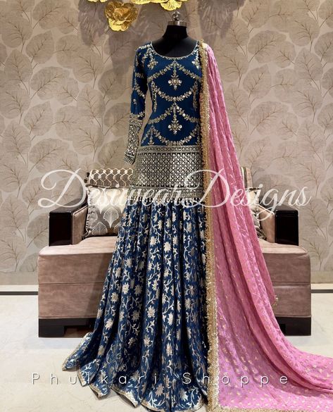 Made to Order/Measurement/Custom Order Sharara suit - Color : blue - Fabric : Georgette  -  Net Dupatta with Gold Border - Drawstring closure with Tassels - - It can be customize in any design or size  PLEASE NOTE: BUYERS ARE RESPONSIBLE FOR ANY CUSTOMS AND IMPORT TAXES THAT MAY APPLY. This is a made to order product. If you opt for 'Made To Measurement Option', we will provide a measurement template and you can share the measurements likewise. If you want to opt for 'Standard Size', Please refe Jago Outfit Punjabi, Swiss Vacation, Blue Sharara Suit, Blue Sharara, Pakistani Sharara, Lehenga For Women, Sharara Suit, Lehenga Blouse, Indian Lehenga