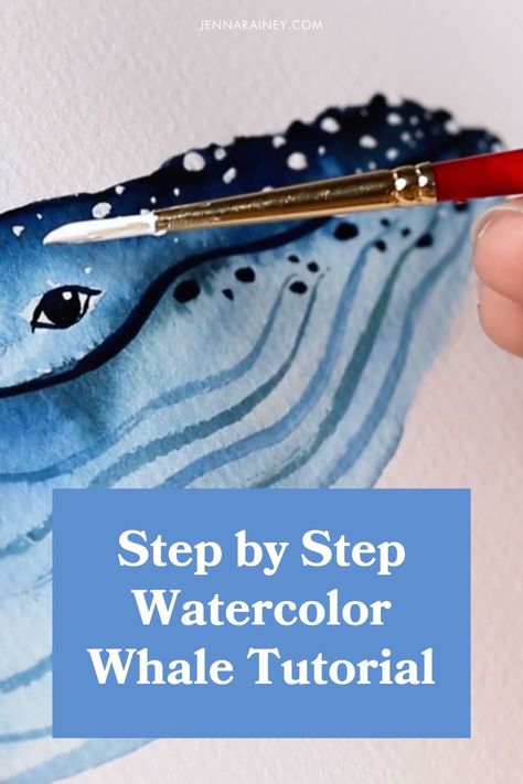 Dive head first into ocean animals with this easy watercolor whale tutorial! This step by step guide will teach you the basics of beautiful sea creatures on your watercolor painting journey! Drawing Ideas Easy Watercolor Painting, Animal Watercolor Easy, How To Paint A Whale, Watercolour Animals Easy, Whale Painting Ideas, Ocean Life Watercolor, Watercolor Art Step By Step, Fish Ocean Drawing, Whale Painting Easy