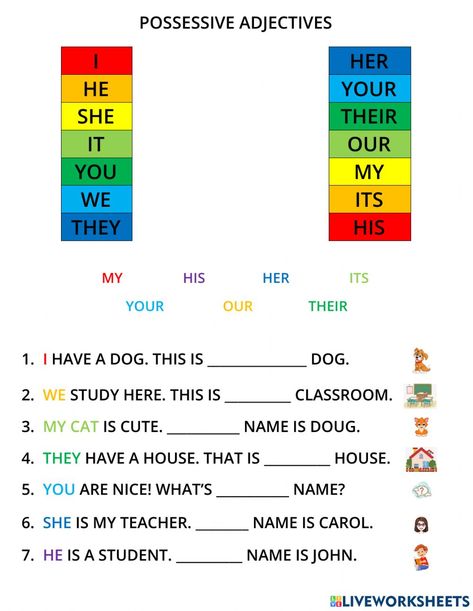 English Tutoring Ideas Lesson Plans, Possesive Adjective 's Worksheet, Possesive Pronounce Worksheets, Adjective Pronouns Worksheet, Possessive Adjectives For Kids, Possessive Adjectives Worksheets, Possessive Pronouns Activities, Possessive Pronouns Worksheet, Adjectives Worksheet