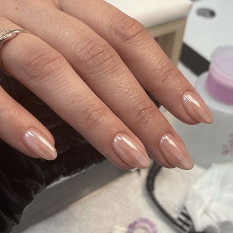 Neutral Translucent Nails, Pink Lip Gloss Nails, Beige Pearl Nails, Neutral Champagne Nails, Sheer Pearl Nails, Nude Nail With Chrome, Pearl Beige Nails, Semi Sheer Nails, Nude Pearl Chrome Nails