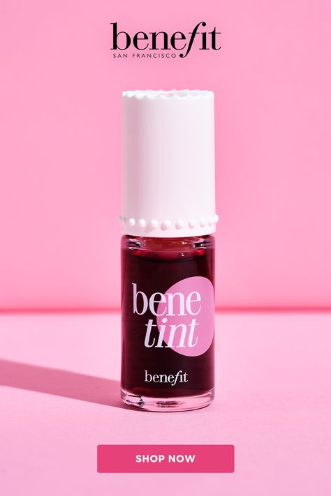 Benefit Cosmetics Rose-tinted lip & cheek stain. Long-wear. Natural-finish. Smudge-proof. Sheer and buildable. Liquid Blush. Bene Tint, Lip And Cheek Stain, Skincare Products Photography, Makeup Nails Designs, Lip Blush, Makeup List, Blush On Cheeks, Cheek Stain, Cheek Tint