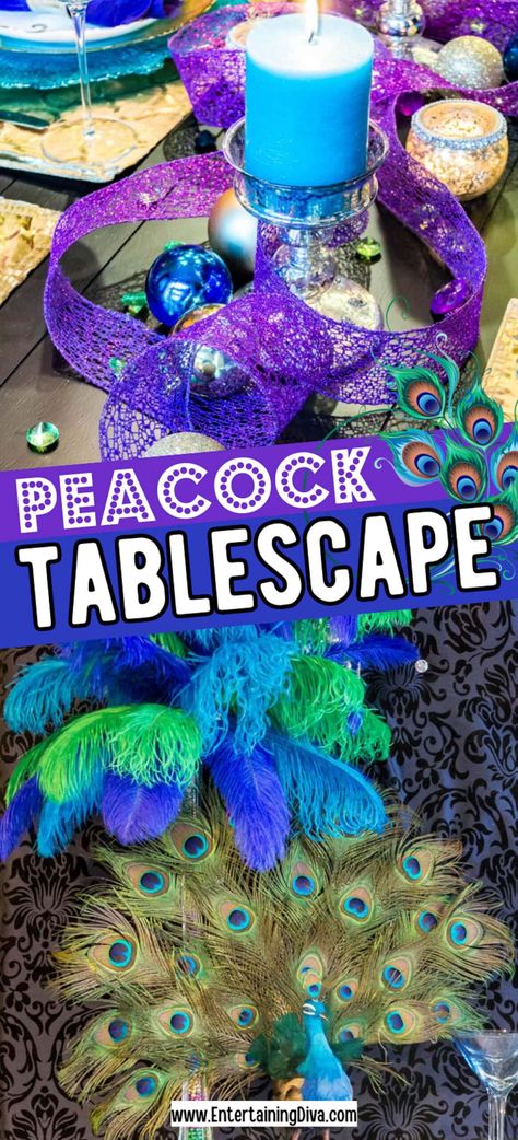 Peacock Tablescape | Table Settings Peacock Table Setting, Peacock Birthday Theme, Peacock Decorating Ideas, Peacock Tablescape, Peacock Party Theme, Peacock Party Decorations, Peacock Wedding Centerpieces, Peacock Birthday Party, Peacock Birthday