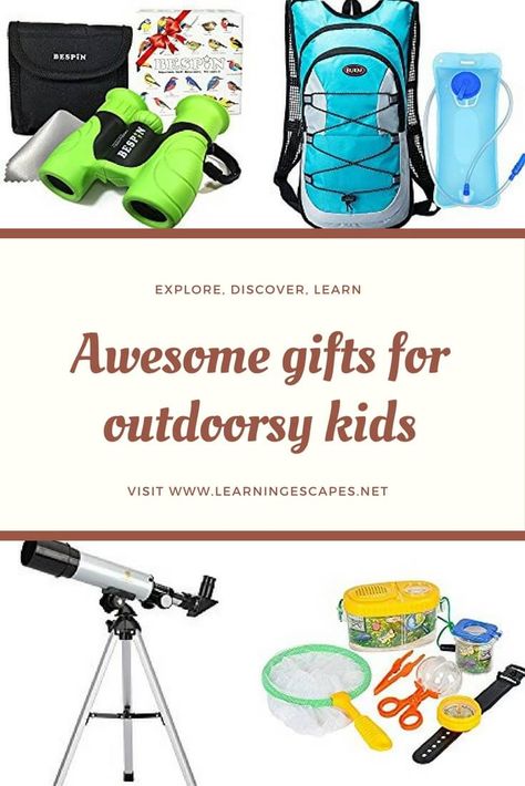 Gifts for outdoorsy kids to explore, discover, learn: gift ideas to suit all budgets Outdoor Christmas Gifts For Kids, Outdoor Christmas Presents, Outdoor Gifts For Kids, Outdoorsy Kids, Outdoor Christmas Gifts, Christmas Presents For Kids, Unique Gifts For Kids, Gift Ideas For Kids, Outdoor Games For Kids