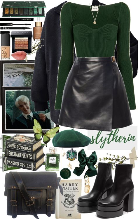 Slytherin Professor Outfit, Harry Potter Concert Outfit, Outfit For The Orchestra, Romeo And Juliet Aesthetic Outfits, Dark Green Fall Outfits, Slytherin Style Outfits, Harry Potter Winter Outfits, Dark Green Winter Outfit, Witch Outfit Inspiration