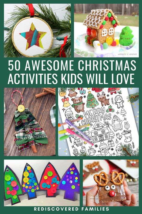 Need some fun Christmas activities for kids. We've got everything from Christmas printables to fun crafts! Perfect for home, school, or festive parties. Find our list of fun Christmas activities for families at rediscoveredfamilies.com Easy Holiday Activities For Kids, Christmas Building Activities For Kids, Fun Family Christmas Activities At Home, Classroom Christmas Crafts 5th Grade, Christmas Fun Activities For Kids, Christmas Fun Ideas For Kids, Christmas Crafts For Families, Christmas Activities For Kids Church, Christmas Activities For Students