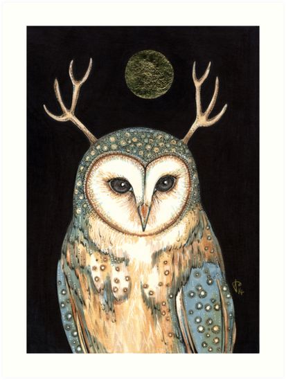 Original Ink Drawing with Gold Leaf by Anita Inverarity / My little owl has antlers…….or are they twigs to hid in the trees ?  / A little nature totem for you • Millions of unique designs by independent artists. Find your thing. Dapper Animals, Anita Inverarity, Dark Forests, Celtic Magic, Owl Paper, Original Ink Drawing, Triple Goddess, Owl Art, Pics Art