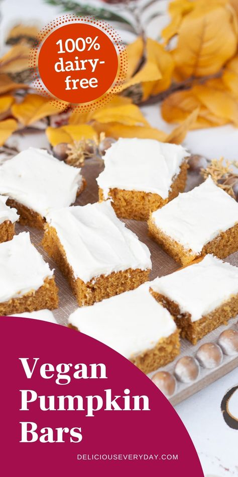 Vegan Pumpkin Bars are a delicious way to celebrate fall! Indulge in a warm pumpkin-spice-flavored bar for dessert or give some as a gift. Vegan Pumpkin Squares, Vegan Pumpkin Bars Recipe, Vegan Pumpkin Bars, Healthy Pumpkin Bars, Pumpkin Squares, Vegan Cream Cheese Frosting, Vegan Pumpkin Spice, Frozen Pumpkin, Desserts Ideas