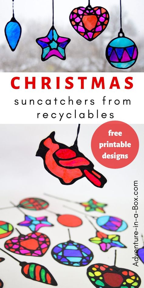 Make stained glass Christmas suncatchers from recyclables with kids! This winter craft comes with four pages of Christmas ornament free printable templates and makes for a quick and easy way to decorate windows. #kidscrafts #upcycling #christmasdecor Recycled Art Projects For Kids, Christmas Suncatchers, Stained Glass Cookies, Recycled Christmas, Upcycle Crafts Diy, Recycling Crafts, Recycled Art Projects, Winter Art Projects, Cadeau Parents