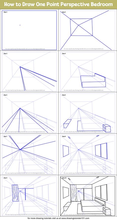 How to Draw One Point Perspective Bedroom (One Point Perspective) Step by Step | DrawingTutorials101.com Column Perspective Drawing, One Point Perspective Exercise, How To Draw With Perspective, Perspective Drawing Lessons Step By Step, 3 Points Perspective, One Point Perspective Sketch, 1 Point Perspective Drawing Room, One Point Perspective Bedroom, Perspective Drawing Step By Step