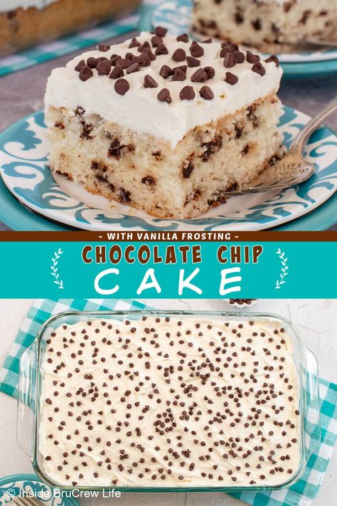 This chocolate chip cake recipe is incredibly easy, guaranteeing a fluffy and moist cake every time. Topped with luscious vanilla frosting and decorated with mini chocolate chips, this cake is an absolute crowd-pleaser. Follow our step-by-step instructions and make this delicious dessert today! White Cake With Chocolate Chips, Moist Chocolate Chip Cake Recipe, Easy Chocolate Chip Cake Recipe, Easy 9x13 Cakes, Chocolate Chip Cake With Box Cake, Best Chocolate Chip Cake Recipe, Choc Chip Cake Recipe, Gluten Free Chocolate Chip Cake, Vanilla Cake With Chocolate Chips