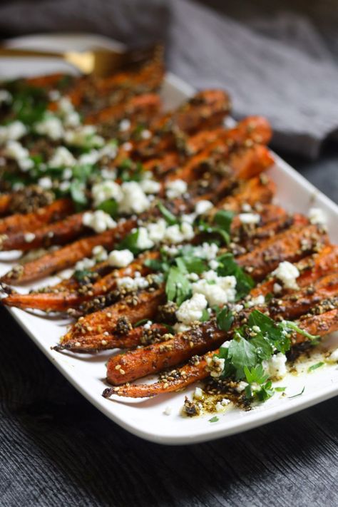 Zatar Roasted Carrots, Roasted Carrots With Mint, Middle Eastern Roasted Carrots, Middle Eastern Roasted Vegetables, Middle Eastern Carrots, Lebanese Vegetable Recipes, Zaatar Recipe Dinners, Zaatar Carrots, Mediterranean Carrots