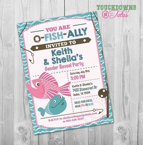 Fish Gender Reveal Ideas, Fishing Gender Reveal, Printable Gender Reveal, Fishing Invitations, Gender Reveal Cards, Baby Gender Reveal Party Decorations, Pregnancy Gender, Gender Reveal Party Invitations, James Lee