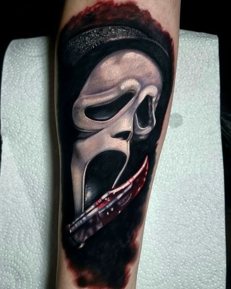 Ghost Face Tattoo Sleeve, Colour Horror Tattoo, Ghostface Portrait Tattoo, Scream Tattoo Ghostface Sleeve, Horror Movies Tattoos Ideas, Halloween Realism Tattoo, Ghostface Sleeve Tattoo, Ghostface Tattoo Drawing, Realism Horror Tattoo