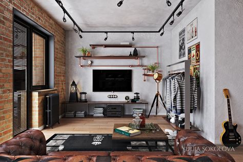 Modern Bachelor Pad Living Rooms, Bachelor Living Room, Bachelor Pad Apartment, Industrial Style House, Small Spaces Bedroom, Modern Bachelor Pad, Bachelor Pad Living Room, Industrial Style Office, Masculine Interior Design