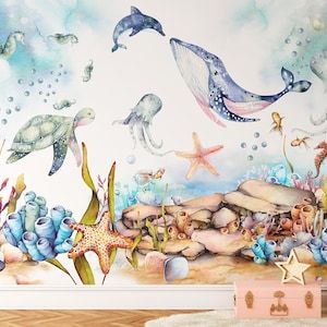 Under the Sea Nursery Wallpaper Children's Removable - Etsy UK Under The Sea Wall Mural, Ocean Life Nursery, Watercolour Ocean, Sea Murals, Sea Life Wallpaper, Seaside Wallpaper, Underwater Wallpaper, Fern Wallpaper, Tropical Art Deco