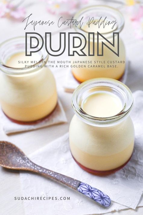 Three glass jars of Japanese custard pudding (purin) Japanese Custard Pudding, Japanese Custard, Japanese Pastries, Japanese Dessert Recipes, Homemade Pudding, Custard Pudding, Japanese Dessert, Asian Desserts, Homemade Caramel