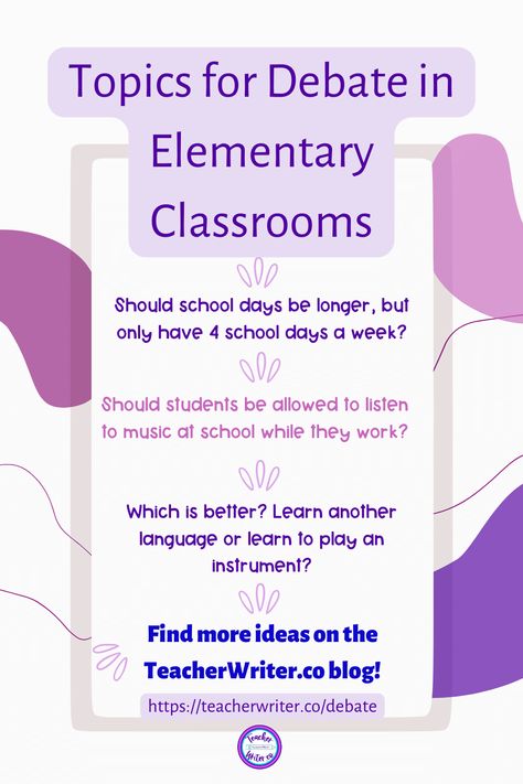 Get 25 debate topics and debate tips so you can introduce this in your elementary classroom! Bonus for you...a free persuasive writing resource. Even if you've never taught persuasive writing or debates before, everything you need is on the TeacherWriter.co blog! Elementary Debate, Persuasive Writing Topics, Debate Tips, Debate Topics, Teaching Critical Thinking, Debate Team, Critical Thinking Questions, Critical Thinking Activities, Persuasive Essay