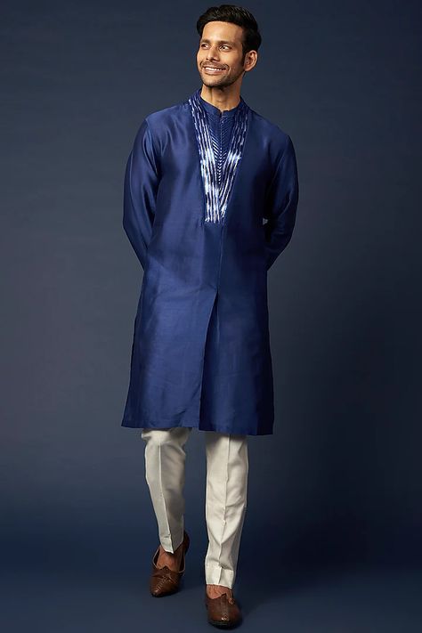 Buy Amit Aggarwal Men Royal Blue Silk & Chanderi Kurta Set at Pernia'sPopUpShopMen 2023 Amit Aggarwal, Blue Kurta, Men's Kurta, Rohit Bal, Tarun Tahiliani, G Man, Suit Pant, Ethnic Design, Nehru Jackets