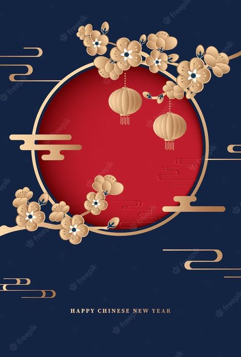 Premium Vector | Chinese new year design with golden plum blossom decorations on blue background. vector illustration Golden Plum, New Year Design, Chinese New Year Design, New Year Designs, Envelope Design, Happy Chinese New Year, Plum Blossom, Vector Photo, Chinese New Year