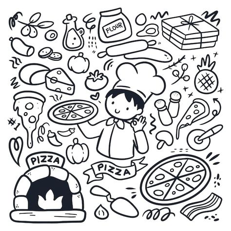 Pizza Coloring Page, Doodles Kawaii, Banner Doodle, Baking Pizza, Premium Vector Cartoon, Doodle Vector, Cute Little Tattoos, Pattern Coloring Pages, Doodle Coloring