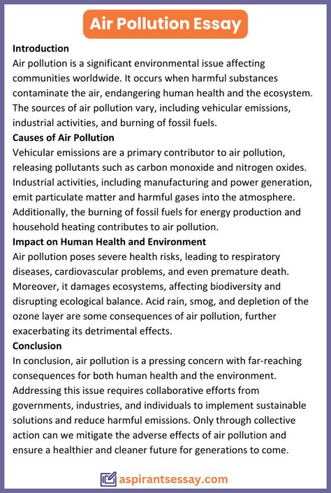 Essay on Air Pollution in English (150, 200, 250, 500 Words) | More samples are on the blog for students to get different essay writing idea. Click on the image & explore. Custom writing services for any assignment. Homework Help Hub: Expert Tips and Tricks 🎓 Are Columbia supplemental essays multiple choice?, quaid e azam biography, myessay 🌐 #ResearchPaper Pollution Essay In English, Common App Essay, 500 Word Essay, Essay Writing Examples, Essay Samples, Global Goals, Essay Competition, Ielts Speaking, Informative Essay