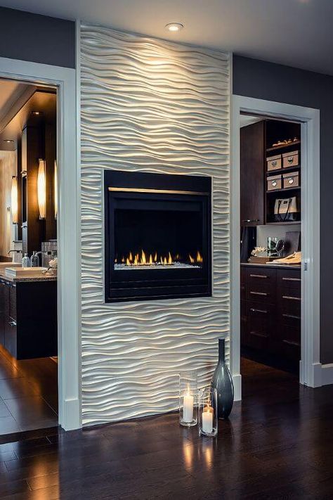 Super Modern Fireplace With Tiles #fireplace #fireplacedesign #tile #fireplacetile #decorhomeideas Coastal Fireplace Ideas, Tiled Fireplace Wall, Black Recessed Lighting, Fireplace Tile Ideas, Fireplace Modern Design, Contemporary Fireplace Designs, Fireplace Black, Statement Tiles, Minimalist Space