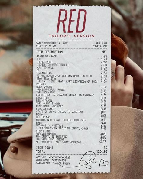 Taylor Swift Album Receipt, Song Prints, Album Receipts, Mama Swift, Album Receipt, Gary Lightbody, Everything Has Change, State Of Grace, Bday Gift