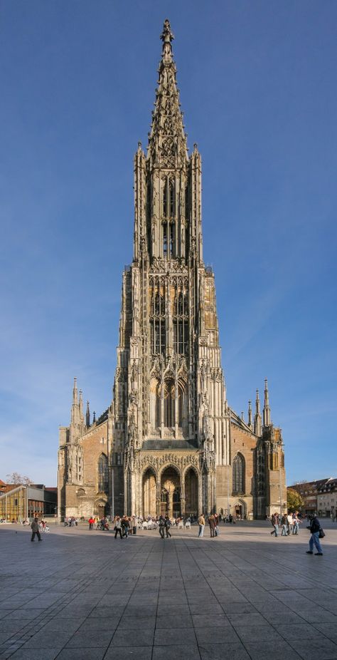 At 161.5 m (530 ft), Ulm Muenster is the world’s tallest church. Construction started in 1377 as a Catholic church, but stalled due to lack of funds. In the 16th century, the town converted to Lutheranism, and the church was finally completed as a Lutheran church in 1890. For the next 11 years until 1901, the church was the tallest building of any kind in the world. Ulm is the birthplace of Albert Einstein. Ulm Cathedral, Gothic Cathedrals, Cathedral Architecture, Sacred Architecture, Religious Architecture, Cathedral Church, Church Architecture, Roman Catholic Church, Gothic Architecture