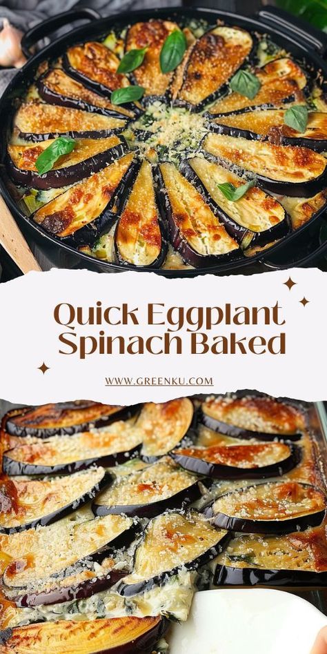 Quick and Easy Eggplant Spinach Bake: A Delicious Dinner in 10 Minutes Ingredients: 2 eggplants 140g spinach 4 tbsp cream cheese 3 cloves of garlic, minced 2-3 tomatoes, sliced 200g mozzarella cheese, shredded 1 cup Neapolitan sauce 30g Parmesan cheese, grated Italian herbs Salt Olive oil #Baked #Eggplant Easy Eggplant, Eggplant Recipes Easy, Spinach Bake, Eggplant Recipes Parmesan, Healthy Dinner Options, Eggplant Dishes, Roasted Vegetable Recipes, Spinach Recipes, Eggplant Recipes