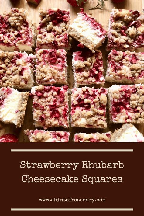 Yummy Strawberry Rhubarb Cheesecake Squares topped with fresh strawberries & rhubarb, sandwiched between layers of coconut oat crumble. 🌿 A Hint of Rosemary #ahintofrosemary #snacks #dessert #glutenfree #crowdpleaser #kidfriendly #brunch Rhubarb Cheesecake Squares, Strawberry Rhubarb Cheesecake, Rhubarb Cheesecake, Layer Cheesecake, Cheesecake Squares, Oat Crumble, Fruit Toppings, Strawberry Rhubarb, Crumble Topping