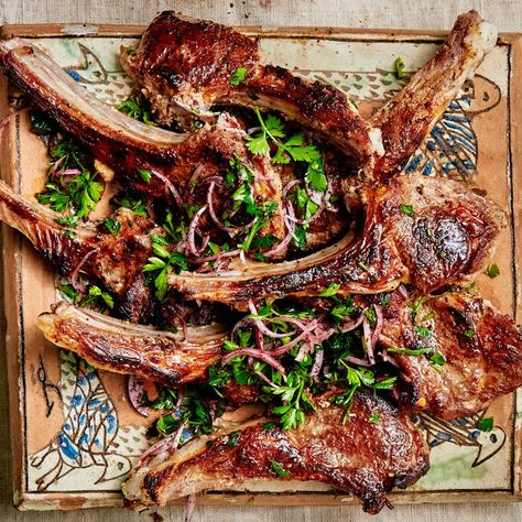 Grilled Lamb Chop Recipes, Parsley Salad, Grilled Lamb Chops, Lamb Chop Recipes, Grilled Chicken Skewers, Specialty Food Store, Lamb Ribs, Eggplant Dip, Magazine Recipes