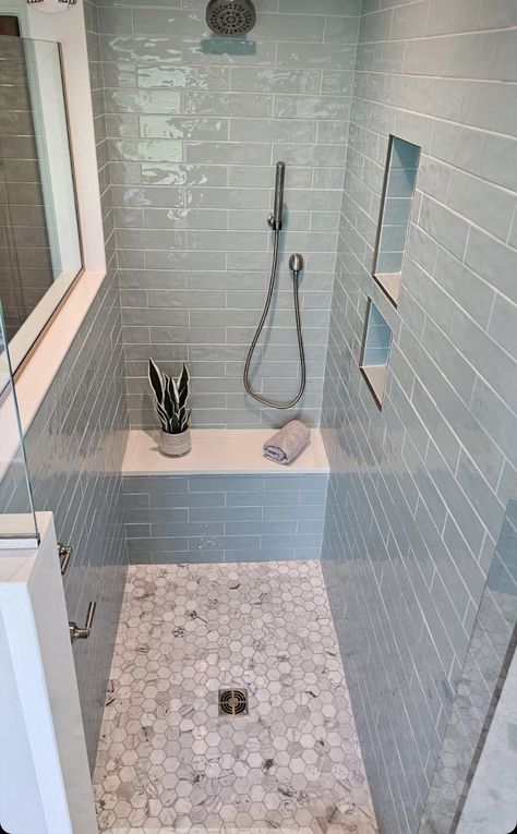 Pool Bath Tile Ideas, Small Master Bath Layout Floor Plans, Tube Shower Tile Ideas, Waterfall Tile Shower Design Accent Wall, Shower Waterfall Tile Ideas, Blue Bathroom Tile Ideas Shower Walls, Small Tiled Shower Ideas, Blue Gray Bathroom Ideas, Master Shower Ideas Walk In