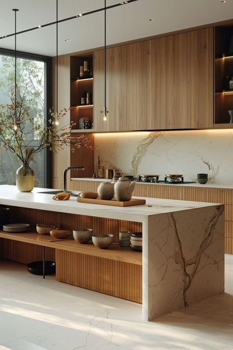 Most Beautiful Kitchens Modern, Modern Wabi Sabi Kitchen, Kitchen Earthy Modern, U Form Kitchen, Wabi Sabi Kitchen Design, Modern Earthy Kitchen, Kitchen Ideas Minimalist, Earthy Kitchens, Japanese Minimalism Interior