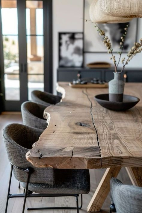 Rustic Table Modern Chairs, Modern Wood Kitchen Table, Modern Rustic Dining Room Table, Organic House Decor, Modern Organic Home Design, Organic Modern House, Farmhouse Table Top Decor, Rustic Modern Dining Room, Modern Kitchen Table And Chairs